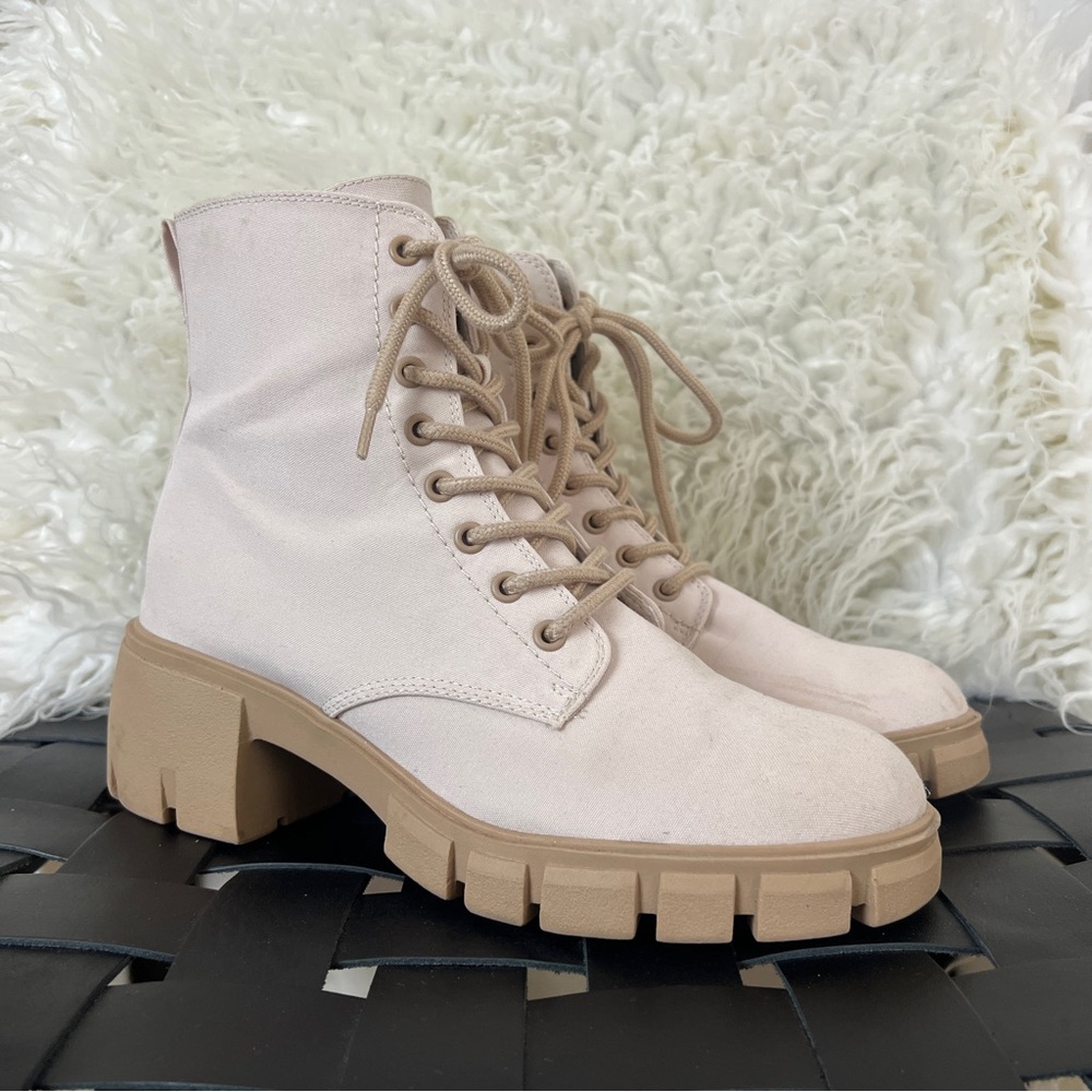 Modern Sand Colored Lace Up Block Heel Platform Boots